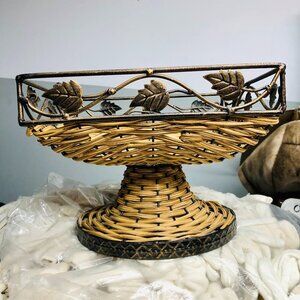 Wicker Fruit Basket Pedestal Bowl with Metal Leaf Trim Rustic Vintage Boho Decor